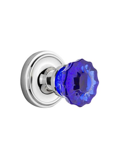 Classic Rosette Door Set with Colored Fluted Crystal Glass Knobs Cobalt Blue in Polished Chrome.